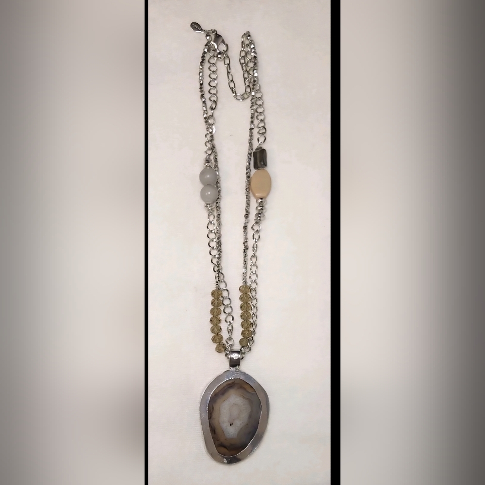 2 Vintage Chicos Necklaces 1 Silverstone,2 Layered  Chains  And Clear Beads  An